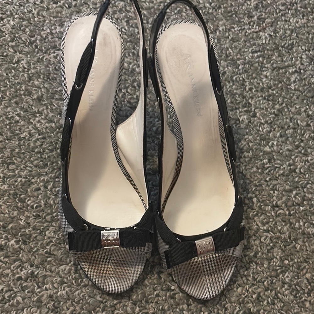 Anne Klein Black Peep-Toe Heels with Metallic Bow